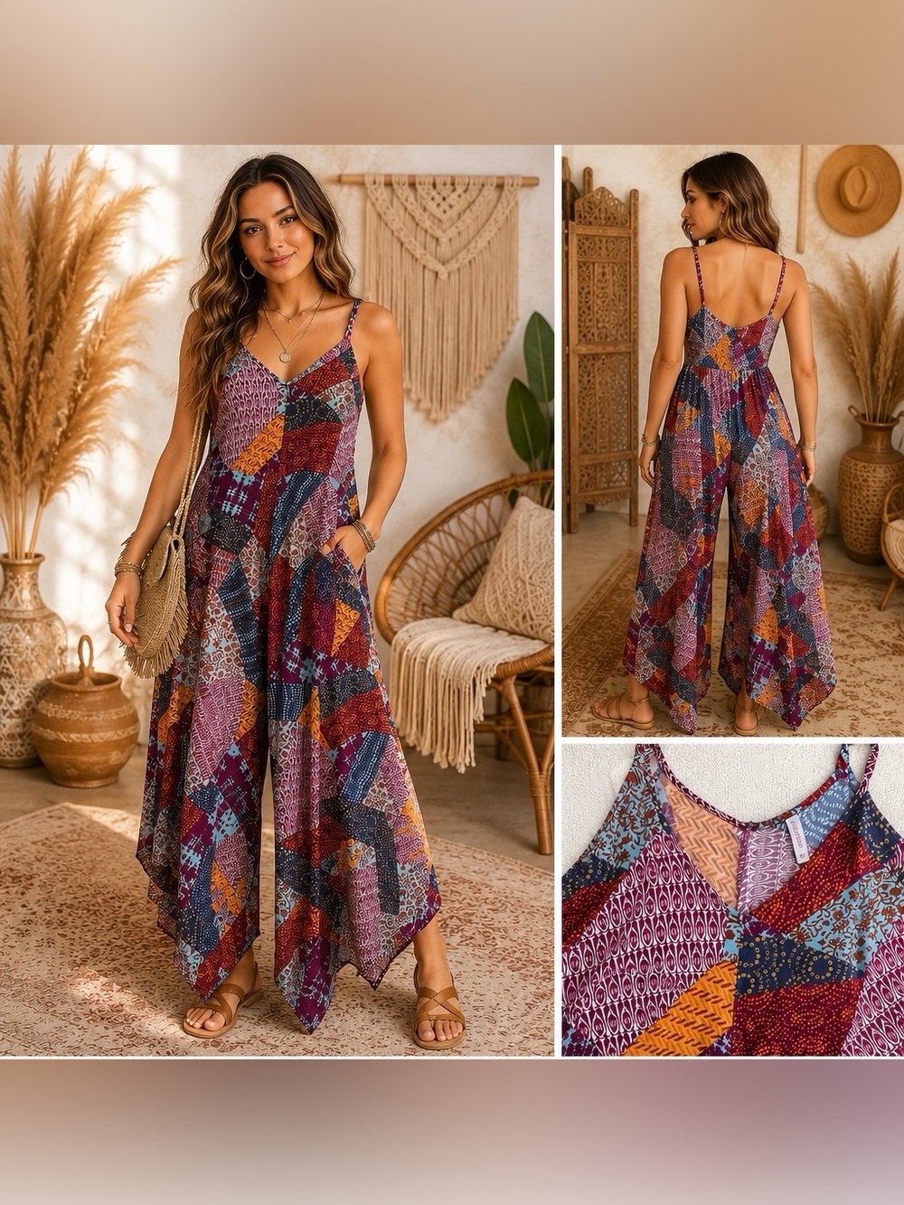 Boho Multicolor Patchwork Handkerchief-Hem Jumpsuit